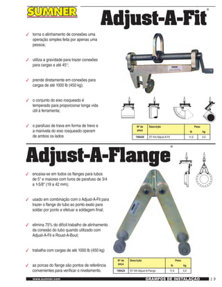 19www.sumner.com GRAMPOS DE INSTALAÇÃO
Adjust-A-Fit
®
3	 torna o alinhamento de conexões uma
operação simples feita por apenas uma
pessoa;
3	 utiliza a gravidade para trazer conexões
para cargas a até 45°;
3	 prende diretamente em conexões para
cargas de até 1000 lb (450 kg);
3	 o conjunto do eixo rosqueado é
temperado para proporcionar longa vida
útil à ferramenta;
3	 o parafuso de trava em forma de trevo e
a manivela do eixo rosqueado operam
de ambos os lados
Nº de
peça
Descrição Peso
lb kg
780420 ST-104 Adjust-A-Fit 11,0 5,0
Adjust-A-Flange
®
Nº de
peça
Descrição Peso
lb kg
780425 ST-105 Adjust-A-Flange 11,0 5,0
3	 encaixa-se em todos os flanges para tubos
de 5" e maiores com furos de parafuso de 3/4
a 1-5/8" (19 a 42 mm);
3	 usado em combinação com o Adjust-A-Fit para
trazer o flange do tubo ao ponto exato para
soldar por ponto e efetuar a soldagem final;
3	 elimina 75% do difícil trabalho de alinhamento
da conexão do tubo quando utilizado com
Adjust-A-Fit e Roust-A-Bout;
3	 trabalha com cargas de até 1000 lb (450 kg)
3	 as porcas do flange são pontos de referência
convenientes para verificar o nivelamento.
 