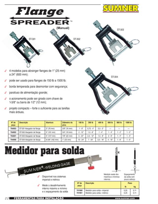 22 www.sumner.comFERRAMENTAS PARA INSTALAÇÃO
(Manual)
Nº de
peça
Descrição Abertura Diâmetro do
pino
150 lb 300 lb 400 lb 600 lb 900 lb 1500 lb
784003 ST-301 Alargador de flange 3" (76 mm) 5/8" (16 mm) 1 - 6" 0,75 - 4" 0,5 - 2" — — —
784002 ST-302 Alargador de flange 4" (101 mm) 3/4" (19 mm) 2 - 12" 1,5 - 8" 1 - 4" 1 - 4" 1 - 2" 1 - 2"
784001 ST-303 Alargador de flange 5" (127 mm) 7/8" (22 mm) 5 - 24" 2,5 - 12" 1,5 - 8" 2 - 6" 1 - 4" 1 - 3"
784000 ST-304 Alargador de flange 6-3/8" (162 mm) 1" (25 mm) 10 - 24" 7 - 24" 3,5 - 16" 4 - 10" 1 - 8" 1 - 5"
3	 4 modelos para abranger flanges de 1" (25 mm)
a 24" (600 mm);
3	 pode ser usado para flanges de 150 lb a 1500 lb;
3	 borda temperada para desmontar com segurança;
3	 parafuso de alimentação grande;
3	 o acionamento pode ser girado com chave de
1-3/8" ou barra de 1/2" (12 mm);
3	 projeto compacto – forte o suficiente para as tarefas
mais árduas.
ST-301 ST-302
ST-303
ST-304
Medidor para solda
Nº de
peça
Descrição Peso
lb kg
781900
781901
Medidor para solda—imperial
Medidor para solda—métrico
0,25
0,25
0,11
0,11
3	 Disponível nos sistemas
imperial e métrico
3	 Mede o desalinhamento
interno máximo e mínimo
e o espaçamento da solda
Medição exata dos
máximos e mínimos
internos
Espaçamento
da solda com
pouco esforço
 