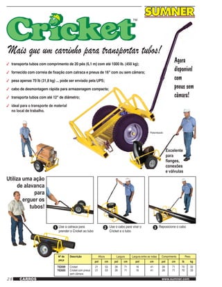 28 www.sumner.comCARROS
Mais que um carrinho para transportar tubos!
3	 transporta tubos com comprimento de 20 pés (6,1 m) com até 1000 lb. (450 kg);
3	 fornecido com correia de fixação com catraca e pneus de 16" com ou sem câmara;
3	 pesa apenas 70 lb (31,8 kg) ... pode ser enviado pela UPS;
3	 cabo de desmontagem rápida para armazenagem compacta;
3	 transporta tubos com até 12" de diâmetro;
3	 ideal para o transporte de material
no local de trabalho.
Agora
disponível
com
pneus sem
câmara!
Patenteado
Excelente
para
flanges,
conexões
e válvulas
Utiliza uma ação
de alavanca
para
erguer os
tubos!
1 2 3Use a catraca para
prender o Cricket ao tubo
Use o cabo para virar o
Cricket e o tubo
Reposicione o cabo
Nº de
peça
Descrição Altura Largura Largura entre as rodas Comprimento Peso
pol cm pol cm pol cm pol cm lb kg
782699
782685
Cricket
Cricket com pneus
sem câmara
21
21
53
53
28
28
71
71
16
16
41
41
28
28
71
71
70
70
33
33
 