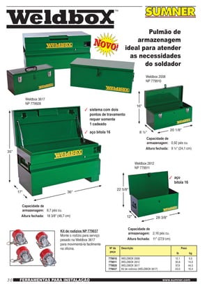30 www.sumner.comFERRAMENTAS PARA INSTALAÇÃO
Weldbox_logo.ai
Meister 22FE10
Pulmão de
armazenagem
ideal para atender
as necessidades
do soldador
Weldbox 2008
NP 779910
16"
8 ½"
20 1/8"
NOVO!
NOVO!
Capacidade de
armazenagem: 0,92 pés cu.
Altura fechada: 9 ½" (24,1 cm)
3	 sistema com dois
pontos de travamento
requer somente
1 cadeado
3	 aço bitola 16
35"
17" 36"
Weldbox 3617
NP 779928
Capacidade de
armazenagem: 6,7 pés cu.
Altura fechada: 18 3/8" (46,7 cm)
Kit de rodízios NP 779037
Monte o rodízio para serviço
pesado na Weldbox 3617
para movimentá-la facilmente
na oficina.
Weldbox 2812
NP 779911
22 5/8"
12" 28 3/8"
Capacidade de
armazenagem: 2,16 pés cu.
Altura fechada: 11" (27,9 cm)
3	 aço
bitola 16
Nº de
peça
Descrição Peso
lb kg
779910
779911
779928
779037
WELDBOX 2008
WELDBOX 2812
WELDBOX 3617
Kit de rodízios (WELDBOX 3617)
12,1
30,8
97,9
23,0
5,5
14,0
44,5
10,4
 