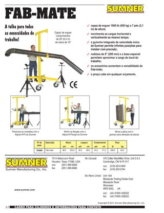 32 CARRO PARA CILINDROS E INFORMAÇÕES PARA CONTATO
Sumner Manufacturing Co., Inc.
www.sumner.com
7514 Alabonson Road
Houston, Texas 77088, USA
voz:	 (281) 999-6900
fax:	 (281) 999-6966
No Canadá:	 470 Collier MacMillan Drive, Unit 2 & 3
	 Cambridge, ON N1R 5Y7
	 voz: 	 (519) 623-2300
	 fax: 	 (519) 623-0744
No Reino Unido:	 Unit 16A
	 Blackpole Trading Estate East
	 Blackpole Road
	Worcester
	 WR3 8SG, UK
	 voz: 	 (44) 01905 458333
	 fax: 	 (44) 01905 458222
Copyright © 2011 Sumner Manufacturing Co., Inc.
FAB-MATE
A talha para todas
as necessidades do
trabalho!
Capaz de erguer
comprimentos
de 20’ (6,0 m)
de tubos de 10"
3	 capaz de erguer 1000 lb (450 kg) a 7 pés (2,1
m) de altura;
3	 movimenta as cargas horizontal e
verticalmente ao mesmo tempo;
3	 o guincho integrado de velocidade única
da Sumner permite infinitas posições para
instalar com precisão;
3	 rodízios de 8" (200 mm) e a base especial
permitem aproximar a carga do local do
trabalho;
3	 os acessórios aumentam a versatilidade da
Fab-mate;
3	 o preço cabe em qualquer orçamento.
Posicione as conexões com a
Adjust-A-Fit da Sumner
Alinhe os flanges com a
Adjust-A-Flange da Sumner
Mova a placa com o
grampo para elevação de placas
Nº de
peça
Descrição Altura Largura Comprimento Peso
pol cm pol cm pol cm lb kg
783900 Fab-mate 88,5 224,0 35,0 89,0 44,0 111,0 206,0 93,0
 