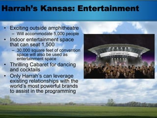 Harrah’s Kansas: Entertainment

• Exciting outside amphitheatre
   – Will accommodate 5,000 people
• Indoor entertainment space
  that can seat 1,500
   – 30,000 square feet of convention
     space will also be used as
     entertainment space
• Thrilling Cabaret for dancing
  and cocktails
• Only Harrah’s can leverage
  existing relationships with the
  world’s most powerful brands
  to assist in the programming
 