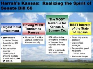 Harrah’s Kansas: Realizing the Spirit of
Senate Bill 66

                                                  The MOST
                                                 Revenue for
                Driving MORE                                              BEST Interest
Largest Initial                                   Kansas &
                 Tourism to                                                of the State
 Investment                                      Sumner Co.
                   Kansas                                                   of Kansas
• $560 million         • More than 3 million    • $74 million in tax      • Financially stable
  projected budget       visitors to Harrah’s     receipts to the state     applicant
• Control over 650       Kansas annually          of Kansas, local        • Experienced
  acre site                                       counties and host         manager
                                                  city
• Future master                                                           • Responsible, good
  planned                                       • $22 M in property         neighbors
  development                                     and other taxes             – EMS station
  bringing the total                                                      • Kansas developer
  investment to over
  $1 billion.
                                                                                              48
 