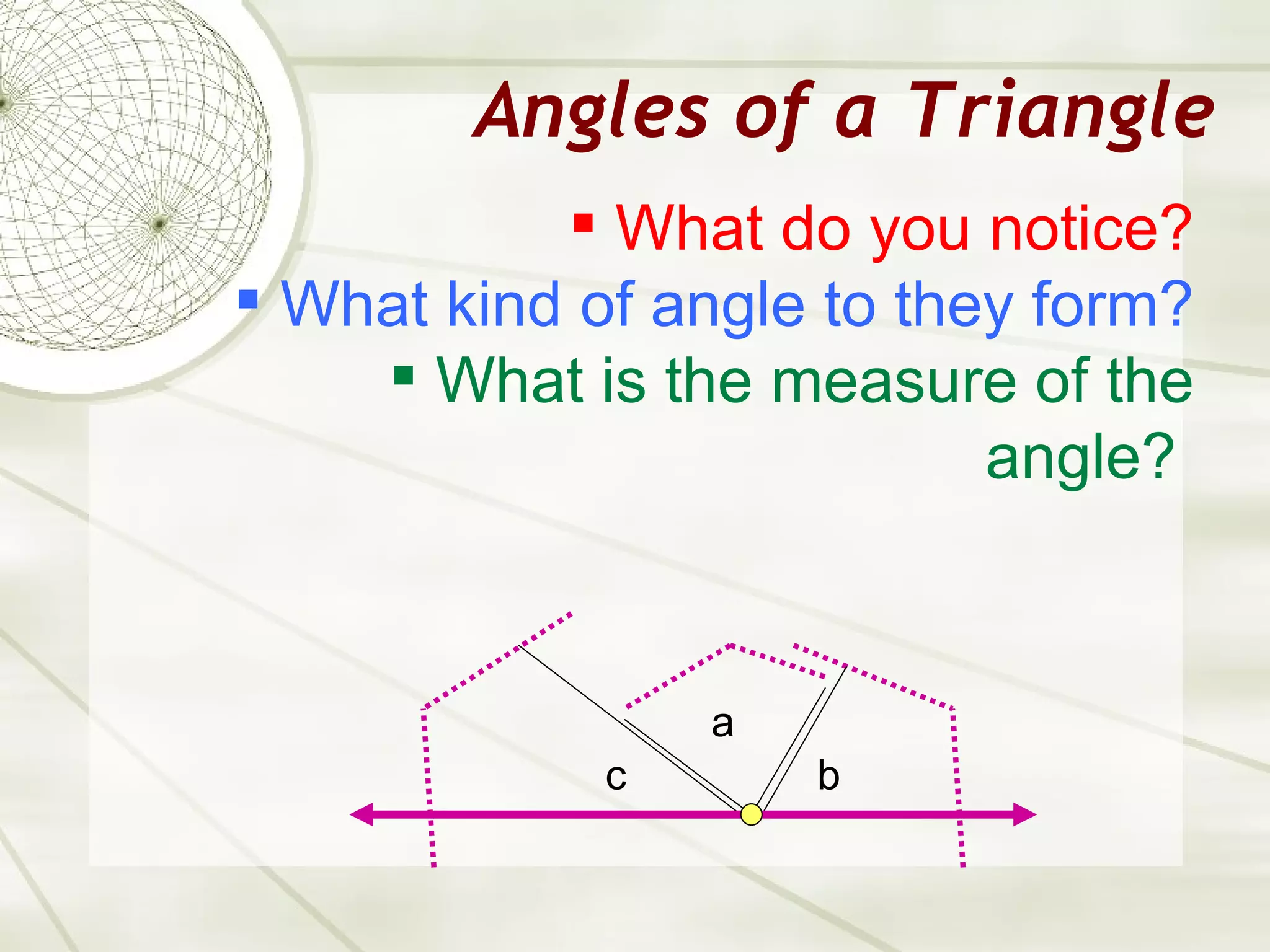 Angles of a Triangle What do you notice? What kind of angle to they form? What is the measure of the angle?  a c b 