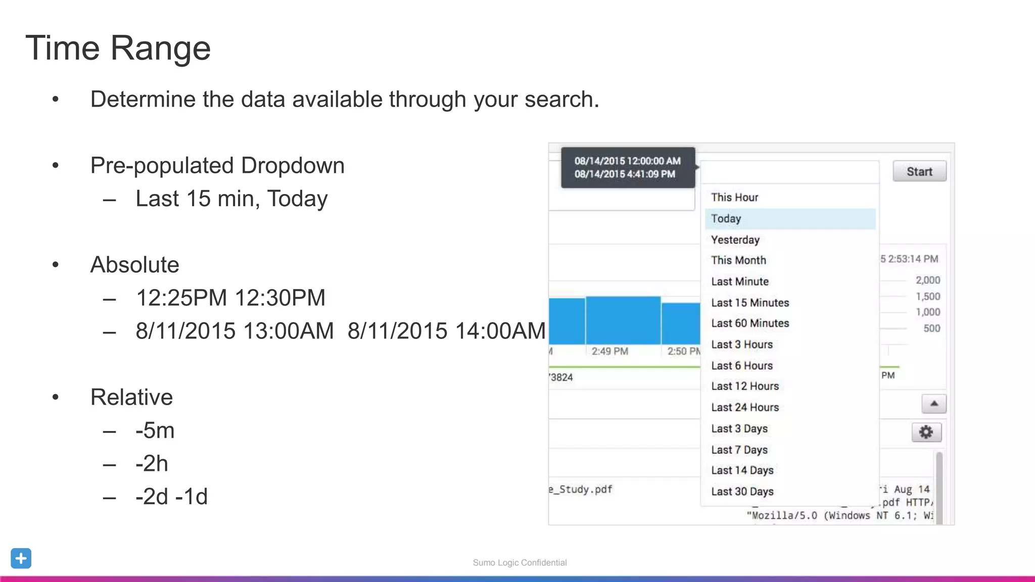 Sumo Logic Confidential
• Determine the data available through your search.
• Pre-populated Dropdown
– Last 15 min, Today
• Absolute
– 12:25PM 12:30PM
– 8/11/2015 13:00AM 8/11/2015 14:00AM
• Relative
– -5m
– -2h
– -2d -1d
Time Range
 