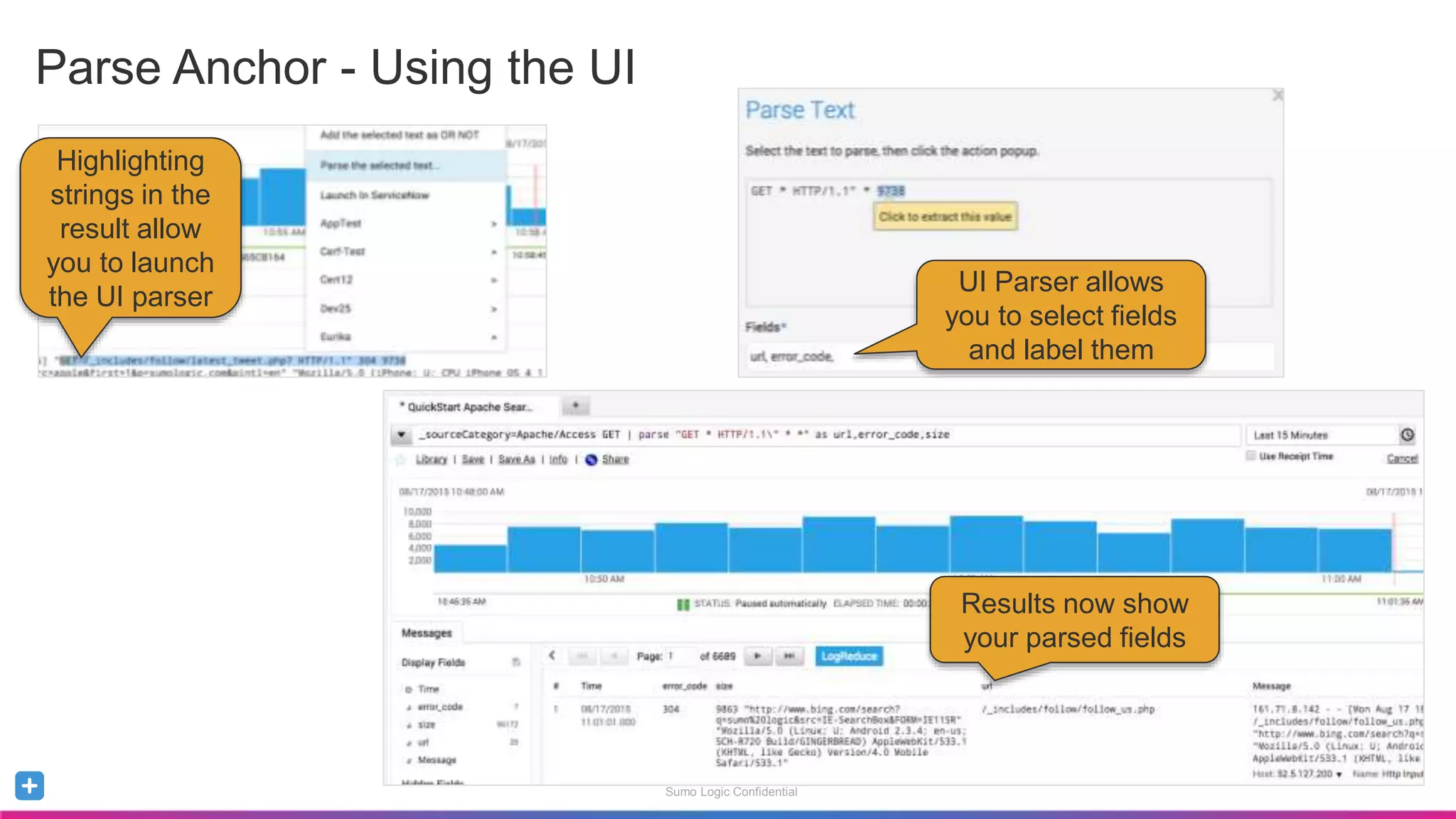 Sumo Logic Confidential
Parse Anchor - Using the UI
Highlighting
strings in the
result allow
you to launch
the UI parser
UI Parser allows
you to select fields
and label them
Results now show
your parsed fields
 