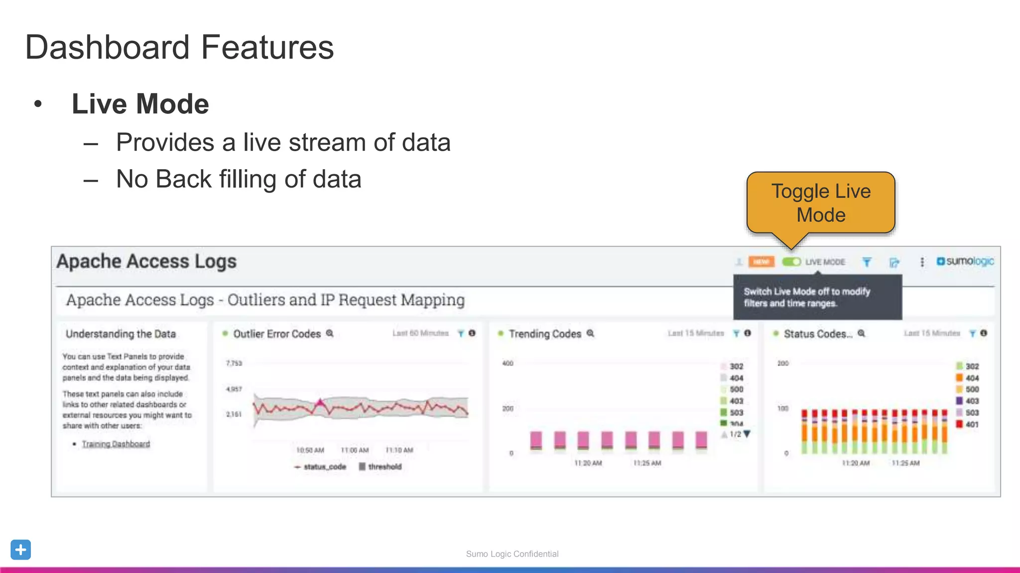 Sumo Logic Confidential
• Live Mode
– Provides a live stream of data
– No Back filling of data
Dashboard Features
Toggle Live
Mode
 