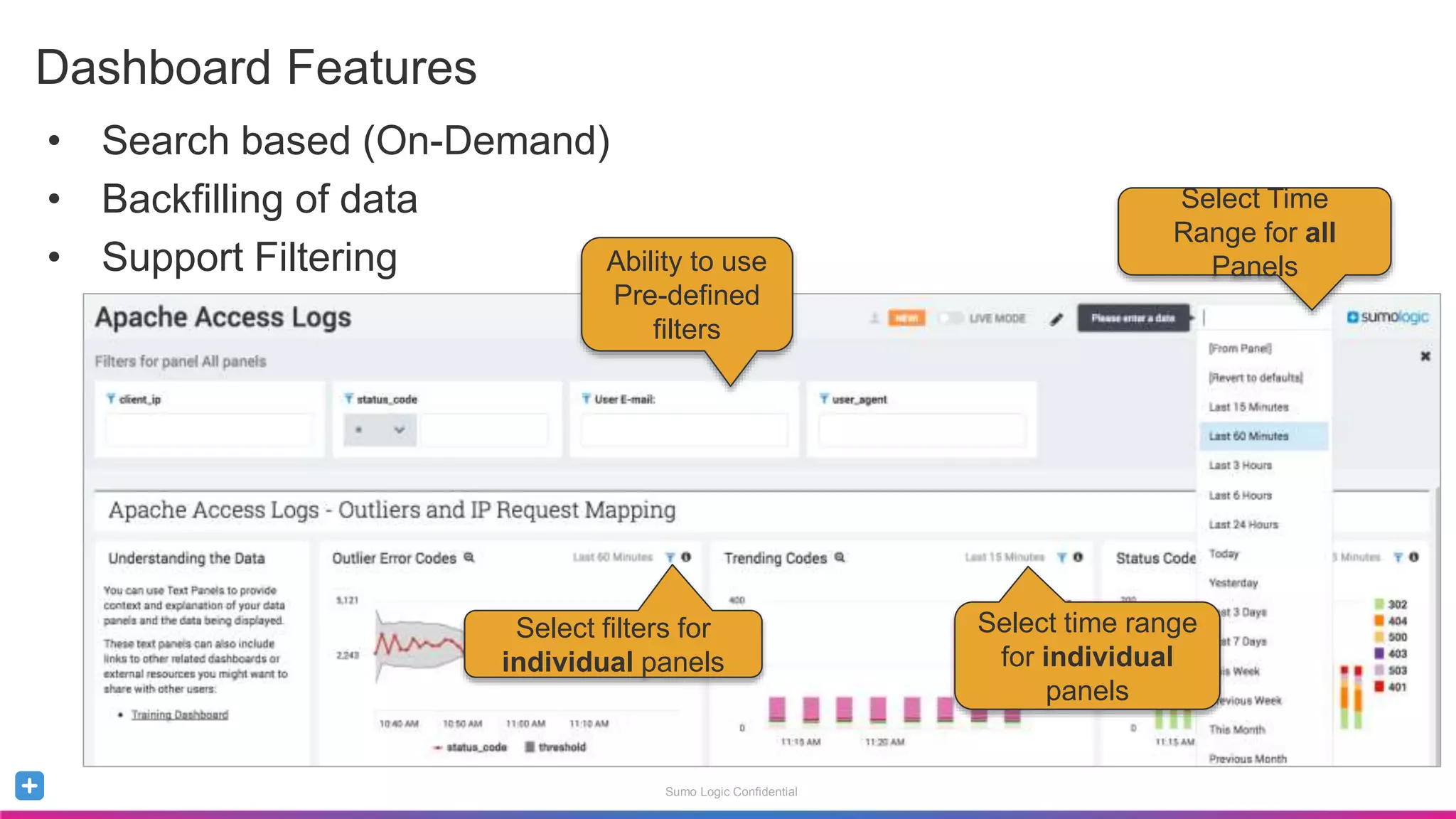 Sumo Logic Confidential
• Search based (On-Demand)
• Backfilling of data
• Support Filtering
Dashboard Features
Select Time
Range for all
PanelsAbility to use
Pre-defined
filters
Select filters for
individual panels
Select time range
for individual
panels
 