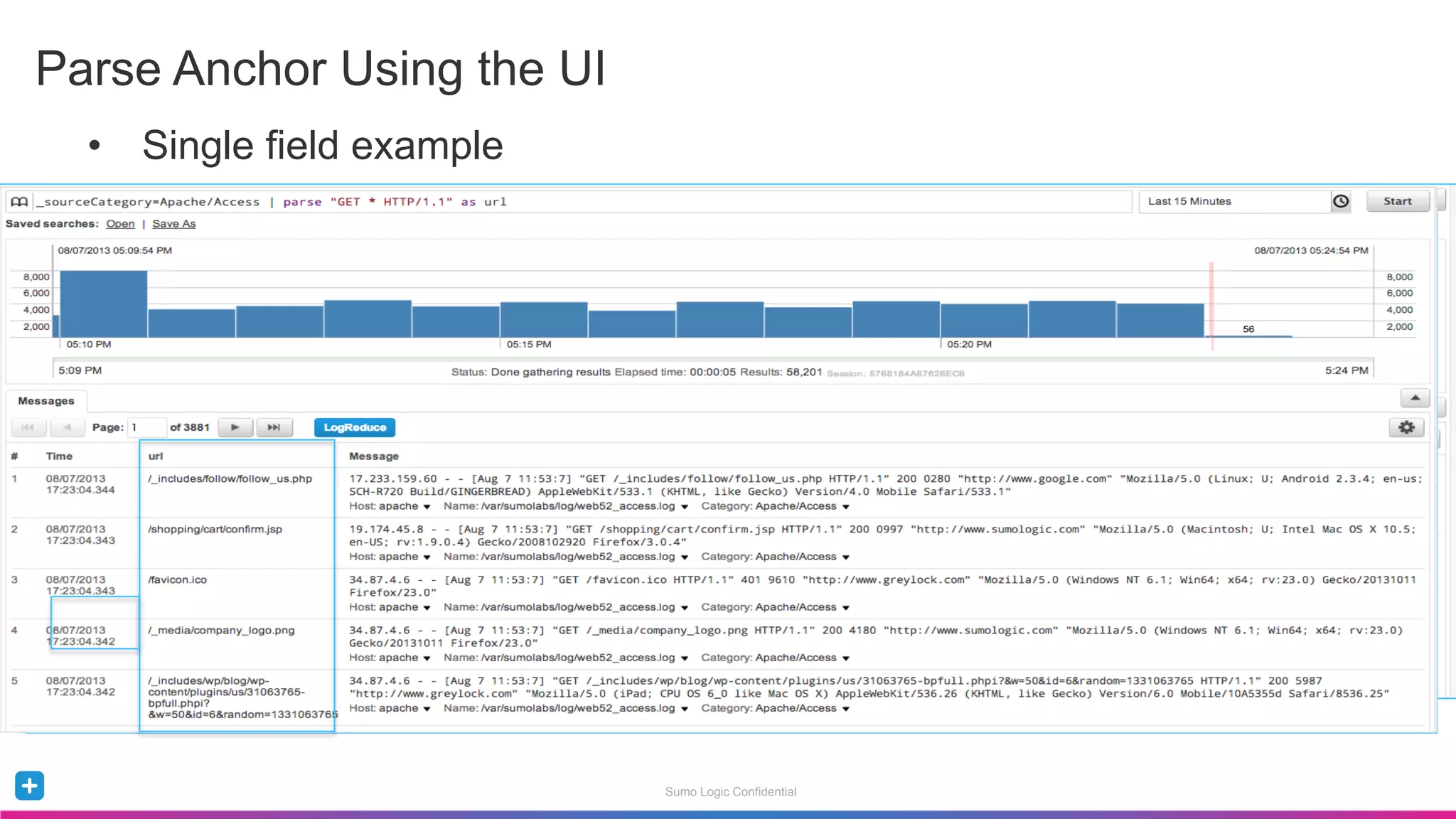 Sumo Logic Confidential
•  Single field example
Parse Anchor Using the UI
 