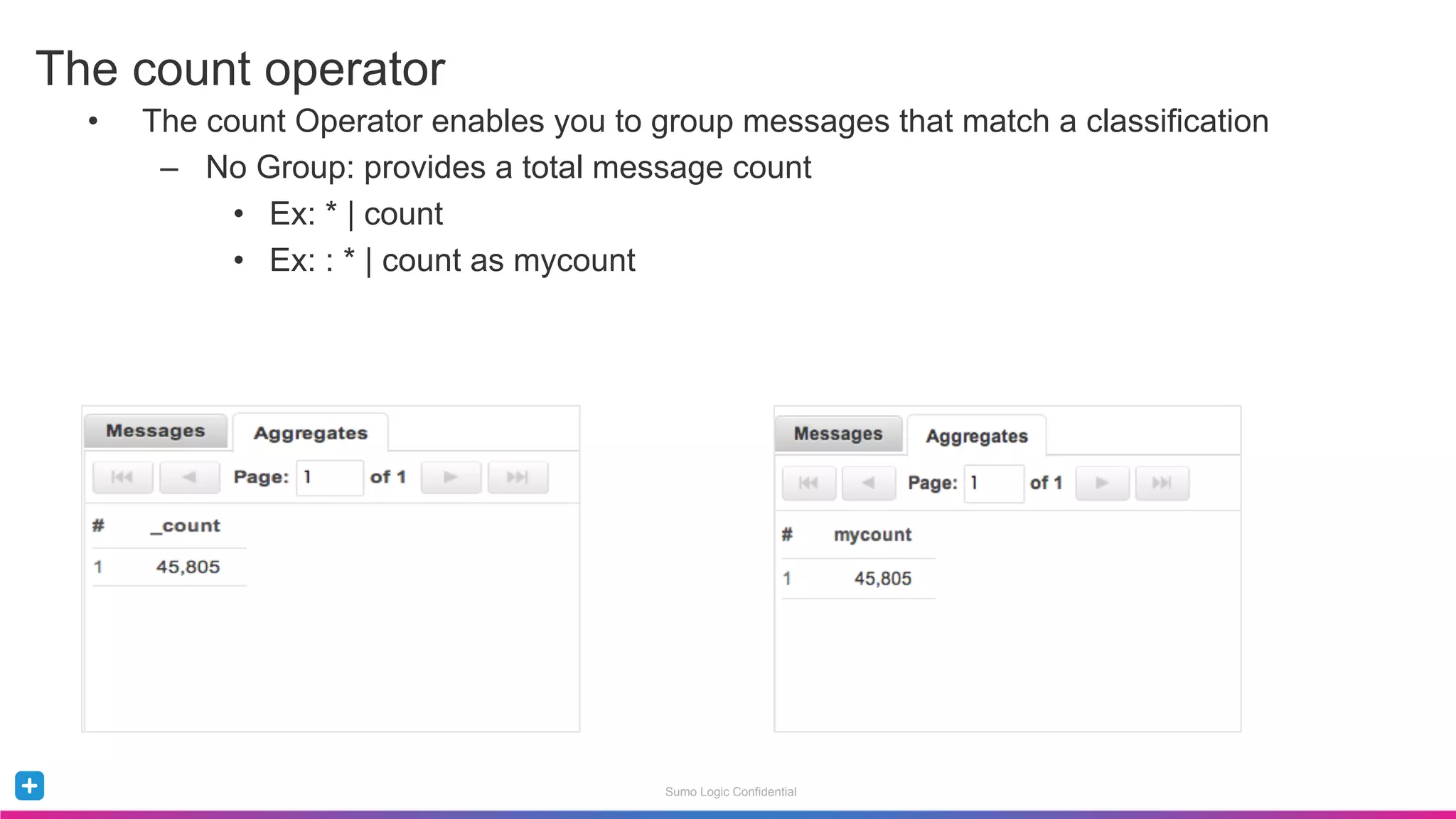Sumo Logic Confidential
•  The count Operator enables you to group messages that match a classification
–  No Group: provides a total message count
•  Ex: * | count
•  Ex: : * | count as mycount
The count operator
 