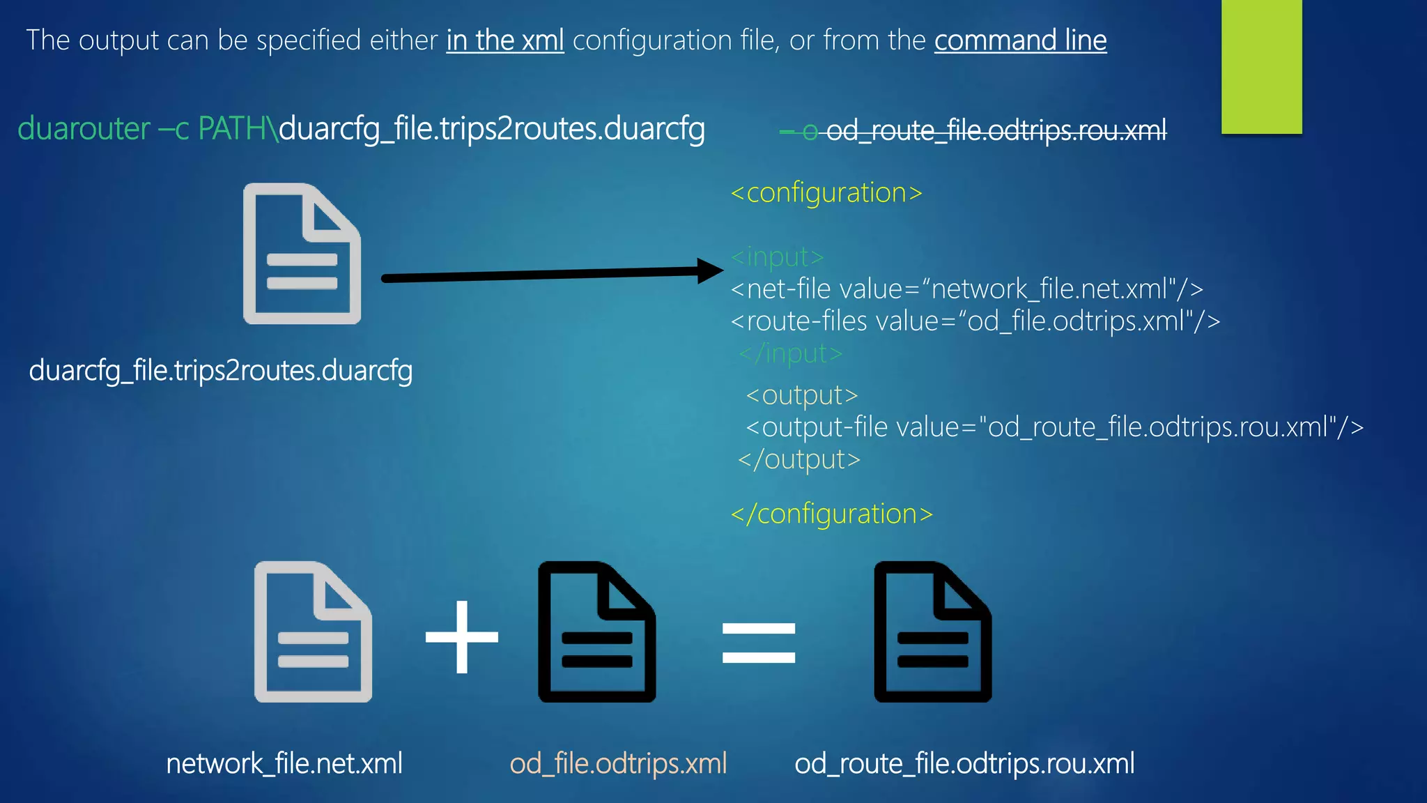 duarcfg_file.trips2routes.duarcfg
network_file.net.xml od_file.odtrips.xml od_route_file.odtrips.rou.xml
+ =
duarouter –c PATHduarcfg_file.trips2routes.duarcfg
<configuration>
<input>
<net-file value=“network_file.net.xml"/>
<route-files value=“od_file.odtrips.xml"/>
</input>
</configuration>
– o od_route_file.odtrips.rou.xml
<output>
<output-file value="od_route_file.odtrips.rou.xml"/>
</output>
The output can be specified either in the xml configuration file, or from the command line
 