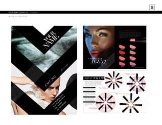 S
your name cosmetics	 rebrand
spring 2012 brochure

NEW! TRANSFORMING LIPSTICK
This hardworking, age-defying treatment works deep undercover to
hydrate and dramatically smooth lips. Breakthrough technology restores
youthful appearance over time as it provides lustrous, extended wear
color, comfort and cushion. Fine lines and cracked, dry lips are history.
Fragrance-free. In Onyx (BTLS) and Titanium (TTLS) packaging.
8 shades. 3 piece price: $4.60

Radiant Rose 201

Whisper Rose 202

Cherry Red 301

Nude Blush 101

Precious Coral 205

Pink Coral 203

Petal Pink 204

Iced Violet 401

UNDERCOVER

AGENT

TH

RE

E

AGE-DEFYING TREATMENT LIPSTICK

IS

SU

E

FALL 2012 • 800.221.3071 • YOURNAMEPRO.COM • 11

PLUMS

FA

LL

20

12

		

BEST
OF

GIVE ‘EM LIP
And lots of it. With this array of our best selling formulas
and shades—pinks, reds, plums and neutrals—to indulge
every lip whim. Sheer gloss exits stage left this season
and seductive, feminine lips step into the spotlight. So,
encourage your customers to go bolder and sexier this
year and keep them coming back for more.
MICRO-BUBBLE LIPSTICK (MB)
Continuous-release creamy conditioners keep
lips soft and color fresh for hours. Onyx (BMBL)

BEST
OF

PINKS

and Titanium (MBTT) packaging. 37 shades.

LUXURY MATTE LIPSTICK (LM)
Achieve long lasting color and maximum

Sc
To ene
S
G tal
i
Tr tea
Th ve
l
e ‘Em ans ing
A
rt
L for Be
a
m
of ip
at uty
L
io
in
n
in
g

wear with this modern, stay-true matte lipstick.
Onyx (BMLS) and Titanium (TMLS) packaging.
12 shades.

LUXURY LIPSTICK (LX)
Highly-pigmented luxe formula pampers lips
with conditioning vitamins and nourishing
shea butter, avocado and jojoba. Onyx (BLUX)
and Titanium (LUTT) packaging. 35 shades.

LIPSHINE SPF 15 (LS)
Sheer color coverage and total lip conditioning in one shine-drenched formula. Onyx
(BLS) and Titanium (TLS) packaging.
15 shades.

BEST
OF

REDS

BEST
OF

NEUTRALS

 