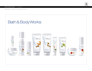 S
bath & body works	

skincare

presentation of skincare product assortment

 