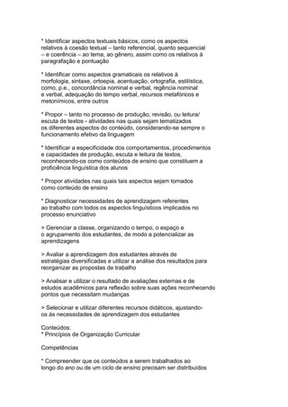 * Identificar aspectos textuais básicos, como os aspectos
relativos à coesão textual – tanto referencial, quanto sequencial
– e coerência – ao tema, ao gênero, assim como os relativos à
paragrafação e pontuação
* Identificar como aspectos gramaticais os relativos à
morfologia, sintaxe, ortoepia, acentuação, ortografia, estilística,
como, p.e., concordância nominal e verbal, regência nominal
e verbal, adequação do tempo verbal, recursos metafóricos e
metonímicos, entre outros
* Propor – tanto no processo de produção, revisão, ou leitura/
escuta de textos - atividades nas quais sejam tematizados
os diferentes aspectos do conteúdo, considerando-se sempre o
funcionamento efetivo da linguagem
* Identificar a especificidade dos comportamentos, procedimentos
e capacidades de produção, escuta e leitura de textos,
reconhecendo-os como conteúdos de ensino que constituem a
proficiência linguística dos alunos
* Propor atividades nas quais tais aspectos sejam tomados
como conteúdo de ensino
* Diagnosticar necessidades de aprendizagem referentes
ao trabalho com todos os aspectos linguísticos implicados no
processo enunciativo
> Gerenciar a classe, organizando o tempo, o espaço e
o agrupamento dos estudantes, de modo a potencializar as
aprendizagens
> Avaliar a aprendizagem dos estudantes através de
estratégias diversificadas e utilizar a análise dos resultados para
reorganizar as propostas de trabalho
> Analisar e utilizar o resultado de avaliações externas e de
estudos acadêmicos para reflexão sobre suas ações reconhecendo
pontos que necessitam mudanças
> Selecionar e utilizar diferentes recursos didáticos, ajustando-
os às necessidades de aprendizagem dos estudantes
Conteúdos:
* Princípios de Organização Curricular
Competências
* Compreender que os conteúdos a serem trabalhados ao
longo do ano ou de um ciclo de ensino precisam ser distribuídos
 