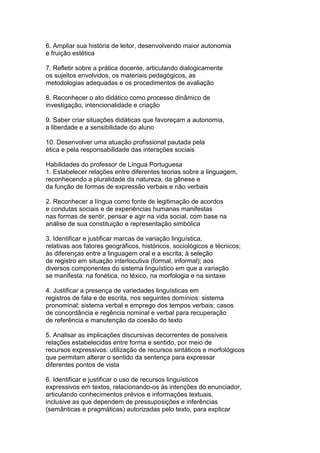 6. Ampliar sua história de leitor, desenvolvendo maior autonomia
e fruição estética
7. Refletir sobre a prática docente, articulando dialogicamente
os sujeitos envolvidos, os materiais pedagógicos, as
metodologias adequadas e os procedimentos de avaliação
8. Reconhecer o ato didático como processo dinâmico de
investigação, intencionalidade e criação
9. Saber criar situações didáticas que favoreçam a autonomia,
a liberdade e a sensibilidade do aluno
10. Desenvolver uma atuação profissional pautada pela
ética e pela responsabilidade das interações sociais
Habilidades do professor de Língua Portuguesa
1. Estabelecer relações entre diferentes teorias sobre a linguagem,
reconhecendo a pluralidade da natureza, da gênese e
da função de formas de expressão verbais e não verbais
2. Reconhecer a língua como fonte de legitimação de acordos
e condutas sociais e de experiências humanas manifestas
nas formas de sentir, pensar e agir na vida social, com base na
análise de sua constituição e representação simbólica
3. Identificar e justificar marcas de variação linguística,
relativas aos fatores geográficos, históricos, sociológicos e técnicos;
às diferenças entre a linguagem oral e a escrita; à seleção
de registro em situação interlocutiva (formal, informal); aos
diversos componentes do sistema linguístico em que a variação
se manifesta: na fonética, no léxico, na morfologia e na sintaxe
4. Justificar a presença de variedades linguísticas em
registros de fala e de escrita, nos seguintes domínios: sistema
pronominal; sistema verbal e emprego dos tempos verbais; casos
de concordância e regência nominal e verbal para recuperação
de referência e manutenção da coesão do texto
5. Analisar as implicações discursivas decorrentes de possíveis
relações estabelecidas entre forma e sentido, por meio de
recursos expressivos: utilização de recursos sintáticos e morfológicos
que permitam alterar o sentido da sentença para expressar
diferentes pontos de vista
6. Identificar e justificar o uso de recursos linguísticos
expressivos em textos, relacionando-os às intenções do enunciador,
articulando conhecimentos prévios e informações textuais,
inclusive as que dependem de pressuposições e inferências
(semânticas e pragmáticas) autorizadas pelo texto, para explicar
 