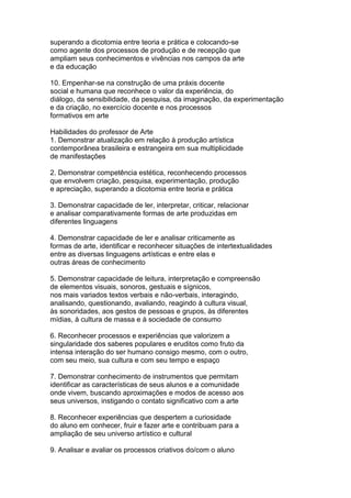superando a dicotomia entre teoria e prática e colocando-se
como agente dos processos de produção e de recepção que
ampliam seus conhecimentos e vivências nos campos da arte
e da educação
10. Empenhar-se na construção de uma práxis docente
social e humana que reconhece o valor da experiência, do
diálogo, da sensibilidade, da pesquisa, da imaginação, da experimentação
e da criação, no exercício docente e nos processos
formativos em arte
Habilidades do professor de Arte
1. Demonstrar atualização em relação à produção artística
contemporânea brasileira e estrangeira em sua multiplicidade
de manifestações
2. Demonstrar competência estética, reconhecendo processos
que envolvem criação, pesquisa, experimentação, produção
e apreciação, superando a dicotomia entre teoria e prática
3. Demonstrar capacidade de ler, interpretar, criticar, relacionar
e analisar comparativamente formas de arte produzidas em
diferentes linguagens
4. Demonstrar capacidade de ler e analisar criticamente as
formas de arte, identificar e reconhecer situações de intertextualidades
entre as diversas linguagens artísticas e entre elas e
outras áreas de conhecimento
5. Demonstrar capacidade de leitura, interpretação e compreensão
de elementos visuais, sonoros, gestuais e sígnicos,
nos mais variados textos verbais e não-verbais, interagindo,
analisando, questionando, avaliando, reagindo à cultura visual,
às sonoridades, aos gestos de pessoas e grupos, às diferentes
mídias, à cultura de massa e à sociedade de consumo
6. Reconhecer processos e experiências que valorizem a
singularidade dos saberes populares e eruditos como fruto da
intensa interação do ser humano consigo mesmo, com o outro,
com seu meio, sua cultura e com seu tempo e espaço
7. Demonstrar conhecimento de instrumentos que permitam
identificar as características de seus alunos e a comunidade
onde vivem, buscando aproximações e modos de acesso aos
seus universos, instigando o contato significativo com a arte
8. Reconhecer experiências que despertem a curiosidade
do aluno em conhecer, fruir e fazer arte e contribuam para a
ampliação de seu universo artístico e cultural
9. Analisar e avaliar os processos criativos do/com o aluno
 