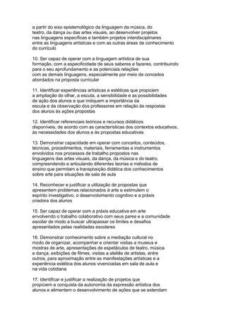 a partir do eixo epistemológico da linguagem da música, do
teatro, da dança ou das artes visuais, ao desenvolver projetos
nas linguagens específicas e também projetos interdisciplinares
entre as linguagens artísticas e com as outras áreas de conhecimento
do currículo
10. Ser capaz de operar com a linguagem artística de sua
formação, com a especificidade de seus saberes e fazeres, contribuindo
para o seu aprofundamento e as potenciais relações
com as demais linguagens, especialmente por meio de conceitos
abordados na proposta curricular
11. Identificar experiências artísticas e estéticas que propiciem
a ampliação do olhar, a escuta, a sensibilidade e as possibilidades
de ação dos alunos e que indiquem a importância da
escuta e da observação dos professores em relação às respostas
dos alunos às ações propostas
12. Identificar referenciais teóricos e recursos didáticos
disponíveis, de acordo com as características dos contextos educativos,
às necessidades dos alunos e às propostas educativas
13. Demonstrar capacidade em operar com conceitos, conteúdos,
técnicas, procedimentos, materiais, ferramentas e instrumentos
envolvidos nos processos de trabalho propostos nas
linguagens das artes visuais, da dança, da música e do teatro,
compreendendo e articulando diferentes teorias e métodos de
ensino que permitam a transposição didática dos conhecimentos
sobre arte para situações de sala de aula
14. Reconhecer e justificar a utilização de propostas que
apresentem problemas relacionados à arte e estimulem o
espírito investigativo, o desenvolvimento cognitivo e a práxis
criadora dos alunos
15. Ser capaz de operar com a práxis educativa em arte
envolvendo o trabalho colaborativo com seus pares e a comunidade
escolar de modo a buscar ultrapassar os limites e desafios
apresentados pelas realidades escolares
16. Demonstrar conhecimento sobre a mediação cultural no
modo de organizar, acompanhar e orientar visitas a museus e
mostras de arte, apresentações de espetáculos de teatro, música
e dança, exibições de filmes, visitas a ateliês de artistas, entre
outros, para aproximação entre as manifestações artísticas e a
experiência estética dos alunos vivenciadas em sala de aula e
na vida cotidiana
17. Identificar e justificar a realização de projetos que
propiciem a conquista da autonomia da expressão artística dos
alunos e alimentem o desenvolvimento de ações que se estendam
 