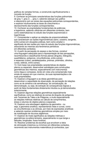 gráficos de variadas formas, e construindo significativamente o
conceito de função;
9. Conhecer as principais características das funções polinomiais
de grau 1, grau 2, ... grau n, sabendo esboçar seu gráfico
e relacioná-lo com as raízes das equações polinomiais correspondentes,
e explorar intuitivamente as taxas de crescimento e
decrescimento das funções correspondentes;
10. Conhecer as propriedades fundamentais de potências
e logaritmos, sabendo utilizá-las em diferentes contextos, bem
como sistematizá-las no estudo das funções exponenciais e
logarítmicas;
11. Compreender e aplicar as relações de proporcionalidade
que caracterizam as razões trigonométricas (seno, cosseno, tangente,
entre outras) em situações práticas, bem como ampliar o
significado de tais razões por meio do estudo das funções trigonométricas,
associando as mesmas aos fenômenos periódicos
em diferentes contextos;
12. A partir da percepção do espaço e das formas, construir
uma linguagem adequada para a representação de tais percepções,
reconhecendo e classificando formas planas (ângulos, triângulos,
quadriláteros, polígonos, circunferências, entre outras)
e espaciais (cubos, paralelepípedos, prismas, pirâmides, cilindros,
cones, esferas, entre outras);
13. Com base nas propriedades características de objetos
planos ou espaciais, desenvolver estratégias para construções
geométricas dos mesmos, especialmente com instrumentos
como régua e compasso, tendo em vista uma compreensão mais
ampla do espaço em que vivemos, de suas representações e de
suas propriedades;
14. Explorar a linguagem e as ideias geométricas para
desenvolver a capacidade de observação, de percepção de relações
como as de simetria e de semelhança, de conceituação, de
demonstração, ou seja, de extração de consequências lógicas a
partir de fatos fundamentais diretamente intuídos ou já demonstrados
anteriormente;
15. Explorar algumas relações geométricas especialmente
significativas, como as relativas às somas de ângulos de polígonos,
aos Teoremas de Tales e de Pitágoras, e muito especialmente
as relações métricas relativas ao cálculo de comprimentos,
áreas e volumes de objetos planos e espaciais;
16. Explorar uma abordagem algébrica da geometria – ou
seja, a geometria analítica, representando retas e curvas, como
as circunferências e as cônicas, por meio de expressões analíticas
e sabendo resolver problemas geométricos simples por meio
de mobilização de recursos algébricos;
17. Explorar de modo significativo as relações métricas e
geométricas na esfera terrestre, especialmente no que tange a
latitudes, longitudes, fusos horários;
18. Resolver problemas de escolhas que envolvem a ideia
de otimização (máximos ou mínimos) em diferentes contextos,
recorrendo aos instrumentos matemáticos já conhecidos, que
 