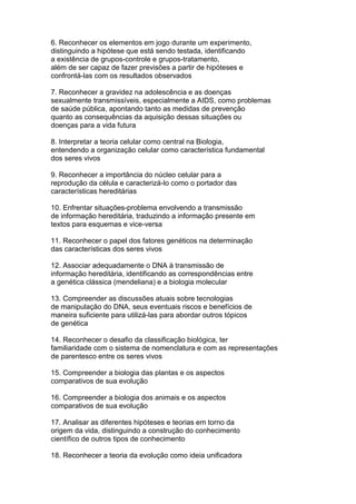6. Reconhecer os elementos em jogo durante um experimento,
distinguindo a hipótese que está sendo testada, identificando
a existência de grupos-controle e grupos-tratamento,
além de ser capaz de fazer previsões a partir de hipóteses e
confrontá-las com os resultados observados
7. Reconhecer a gravidez na adolescência e as doenças
sexualmente transmissíveis, especialmente a AIDS, como problemas
de saúde pública, apontando tanto as medidas de prevenção
quanto as consequências da aquisição dessas situações ou
doenças para a vida futura
8. Interpretar a teoria celular como central na Biologia,
entendendo a organização celular como característica fundamental
dos seres vivos
9. Reconhecer a importância do núcleo celular para a
reprodução da célula e caracterizá-lo como o portador das
características hereditárias
10. Enfrentar situações-problema envolvendo a transmissão
de informação hereditária, traduzindo a informação presente em
textos para esquemas e vice-versa
11. Reconhecer o papel dos fatores genéticos na determinação
das características dos seres vivos
12. Associar adequadamente o DNA à transmissão de
informação hereditária, identificando as correspondências entre
a genética clássica (mendeliana) e a biologia molecular
13. Compreender as discussões atuais sobre tecnologias
de manipulação do DNA, seus eventuais riscos e benefícios de
maneira suficiente para utilizá-las para abordar outros tópicos
de genética
14. Reconhecer o desafio da classificação biológica, ter
familiaridade com o sistema de nomenclatura e com as representações
de parentesco entre os seres vivos
15. Compreender a biologia das plantas e os aspectos
comparativos de sua evolução
16. Compreender a biologia dos animais e os aspectos
comparativos de sua evolução
17. Analisar as diferentes hipóteses e teorias em torno da
origem da vida, distinguindo a construção do conhecimento
científico de outros tipos de conhecimento
18. Reconhecer a teoria da evolução como ideia unificadora
 