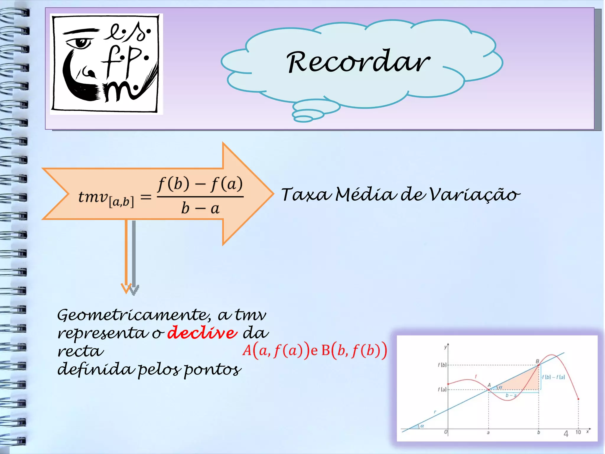Taxa Média de Variação Geometricamente, a tmv  representa o  declive  da recta  definida pelos pontos Recordar 