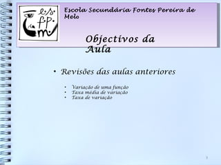 Escola Secundária Fontes Pereira de Mel o Objectivos da Aula Revisões das aulas anteriores Variação de uma função Taxa média de variação Taxa de variação 