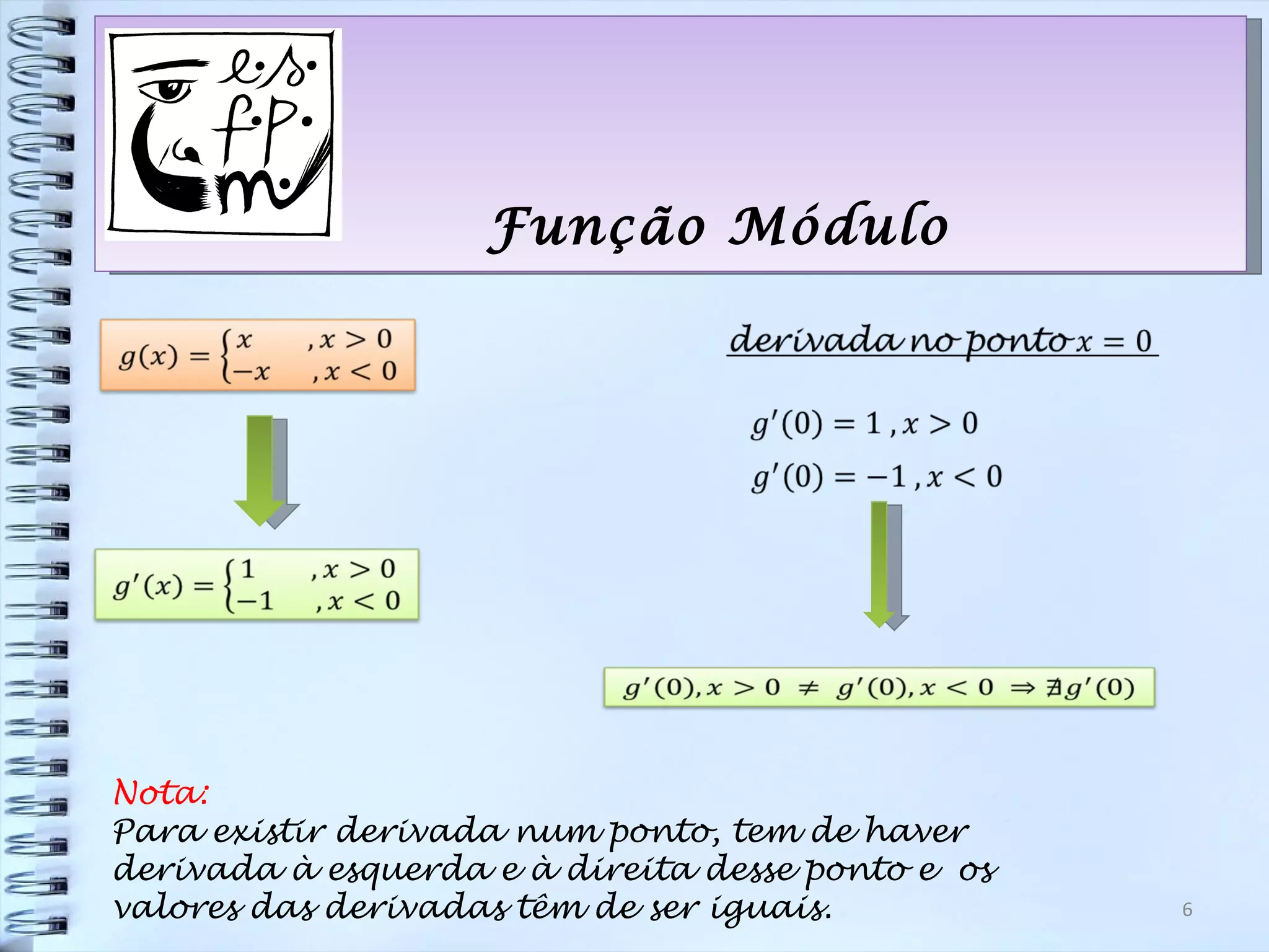 Função Módulo




Nota:
Para existir derivada num ponto, tem de haver
derivada à esquerda e à direita desse ponto e os
valores das derivadas têm de ser iguais.           6
 
