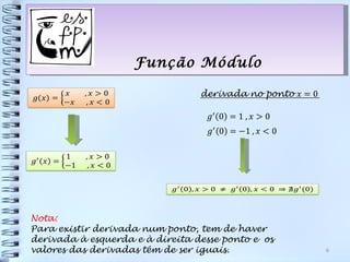 Função Módulo




Nota:
Para existir derivada num ponto, tem de haver
derivada à esquerda e à direita desse ponto e os
valores das derivadas têm de ser iguais.           6
 