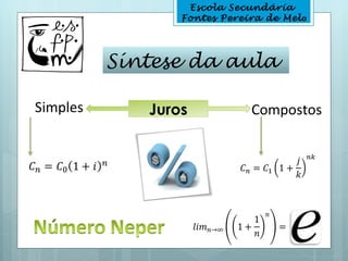 Escola Secundária
                 Fontes Pereira de Melo




          Síntese da aula

Simples      Juros           Compostos
 