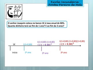 Escola Secundária
                                           Fontes Pereira de Melo




O senhor Joaquim coloca no banco 1€ à taxa anual de 80%.
Quanto dinheiro terá ao fim de 1 ano? E ao fim de 2 anos?




     1€        1(1+0,80)


    início      1º ano            2º ano            3º ano
 