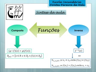 Escola Secundária
                  Fontes Pereira de Melo


           Síntese da aula




Composta   Funções               Inversa




                                    sse
 