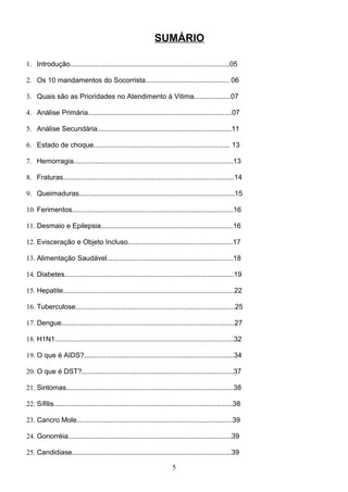 SUMÁRIO

1. Introdução..................................................................................05

2. Os 10 mandamentos do Socorrista........................................... 06

3. Quais são as Prioridades no Atendimento à Vitima...................07

4. Análise Primária..........................................................................07

5. Análise Secundária.....................................................................11

6. Estado de choque...................................................................... 13

7. Hemorragia..................................................................................13

8. Fraturas........................................................................................14

9. Queimaduras................................................................................15

10. Ferimentos...................................................................................16

11. Desmaio e Epilepsia....................................................................16

12. Evisceração e Objeto Incluso......................................................17

13. Alimentação Saudável.................................................................18

14. Diabetes.......................................................................................19

15. Hepatite........................................................................................22

16. Tuberculose..................................................................................25

17. Dengue.........................................................................................27

18. H1N1............................................................................................32

19. O que é AIDS?.............................................................................34

20. O que é DST?..............................................................................37

21. Sintomas......................................................................................38

22. Sífilis............................................................................................38

23. Cancro Mole................................................................................39

24. Gonorréia....................................................................................39

25. Candidiase..................................................................................39

                                                                       5
 