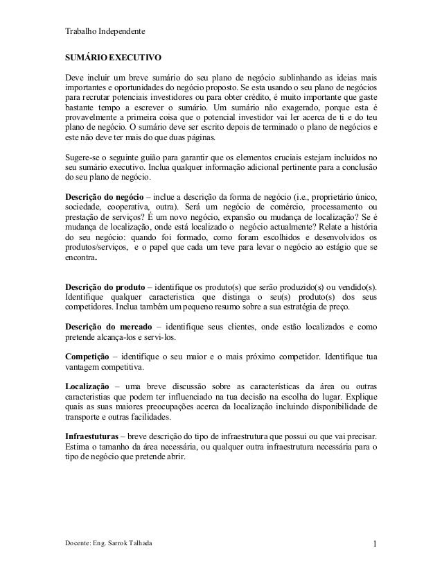 Exemplo de sumario executivo plano de negocios