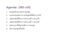 Agenda (180 นาที)
1. ชวนคุยเป้าหมายของการประชุม
2. ทบทวนประเด็นจากการประชุมครั<งที>แล้ว (5 นาที)
3. แชร์ประเด็นที>ได้จากการอ่าน บทที> 6 ( 60 นาที)
4. แชร์ประเด็นที>ได้จากการอ่าน บทที> 7 ( 60 นาที)
5. Reflection สิ>งที>ทุกคนได้จากการประชุม
6. นัดการประชุมครั<งต่อไป
 