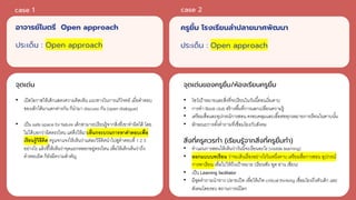 อาจารย์ไมตรี Open approach
ประเด็น : Open approach
จุดเด่น
• เปิดโอกาสให้เด็กแสดงความคิดเห็น แนวทางในการแก้โจทย์ เมื@อคําตอบ
ของเด็กได้มาแตกต่างกัน ก็นํามา discuss กัน (open dialogue)
• เป็น safe space for failure เด็กสามารถเรียนรู้จากสิ@งที@เขาทําผิดได้ โดย
ไม่ได้บอกว่าผิดตรงไหน แต่ดึงให้มาเห็นกระบวนการหาคําตอบเพืdอ
เรียนรู้วิธีคิด ครูแจกแจงให้เห็นว่าแต่ละวิธีคิดนําไปสู่คําตอบที@ 1 2 3
อย่างไร แล้วชี;ให้เห็นว่าจุดแยกหลอกอยู่ตรงไหน เพื@อให้เด็กเห็นว่าถึง
คําตอบผิด ก็ยังมีความสําคัญ
case 1
ครูยิ้ม โรงเรียนลําปลายมาศพัฒนา
ประเด็น : Open approach
จุดเด่นของครูยิ้ม/ห้องเรียนครูยิ้ม
• โชว์เป้าหมายและสิ@งที@จะเรียนในวันนี;ตอนเริ@มคาบ
• การทํา Book club สร้างพื;นที@การแลกเปลี@ยนความรู้
• เตรียมสื@อและอุปกรณ์การสอน ครอบคลุมและเอื;อต่อทุกเหมายการเรียนในคาบนั;น
• ลักษณะการตั;งคําถามที@เชื@อมโยงกับสังคม
สิ่งที่ครูควรทํา (เรียนรู้จากสิ่งที่ครูยิ้มทํา)
• ทําแผนการสอนให้เห็นว่าวันนี;จะเรียนอะไร (visible learning)
• ออกแบบบทเรียน ว่าจะเดินเรื@องอย่างไรในหนึ@งคาบ เตรียมสื@อการสอน อุปกรณ์
การพาเรียน เพื@อไปให้ถึงเป้าหมาย (เรียนฟัง พูด อ่าน เขียน)
• เป็น Learning facilitator
• มีชุดคําถามนําทาง ปลายเปิด เพื@อให้เกิด critical thinking เชื@อมโยงถึงตัวเด็ก และ
สังคมโดยรอบ สถานการณ์โลก
case 2
 
