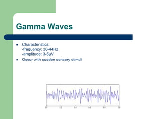 Gamma Waves
 Characteristics:
-frequency: 36-44Hz
-amplitude: 3-5µV
 Occur with sudden sensory stimuli
 