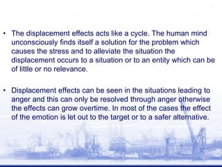 • The displacement effects acts like a cycle. The human mind
unconsciously finds itself a solution for the problem which
causes the stress and to alleviate the situation the
displacement occurs to a situation or to an entity which can be
of little or no relevance.
• Displacement effects can be seen in the situations leading to
anger and this can only be resolved through anger otherwise
the effects can grow overtime. In most of the cases the effect
of the emotion is let out to the target or to a safer alternative.
 
