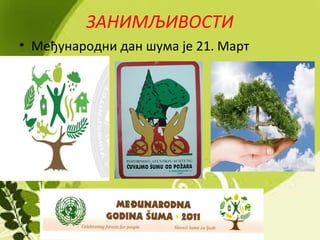 ЗАНИМЉИВОСТИ
• Међународни дан шума је 21. Март
 