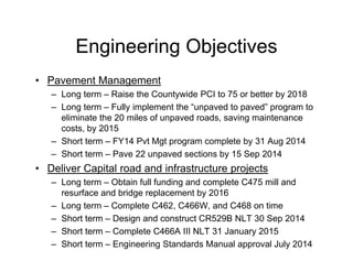 Engineering Objectives
• Pavement Management
– Long term – Raise the Countywide PCI to 75 or better by 2018
– Long term – Fully implement the “unpaved to paved” program to
eliminate the 20 miles of unpaved roads, saving maintenance
costs, by 2015
– Short term – FY14 Pvt Mgt program complete by 31 Aug 2014
– Short term – Pave 22 unpaved sections by 15 Sep 2014
• Deliver Capital road and infrastructure projects
– Long term – Obtain full funding and complete C475 mill and
resurface and bridge replacement by 2016
– Long term – Complete C462, C466W, and C468 on time
– Short term – Design and construct CR529B NLT 30 Sep 2014
– Short term – Complete C466A III NLT 31 January 2015
– Short term – Engineering Standards Manual approval July 2014
 