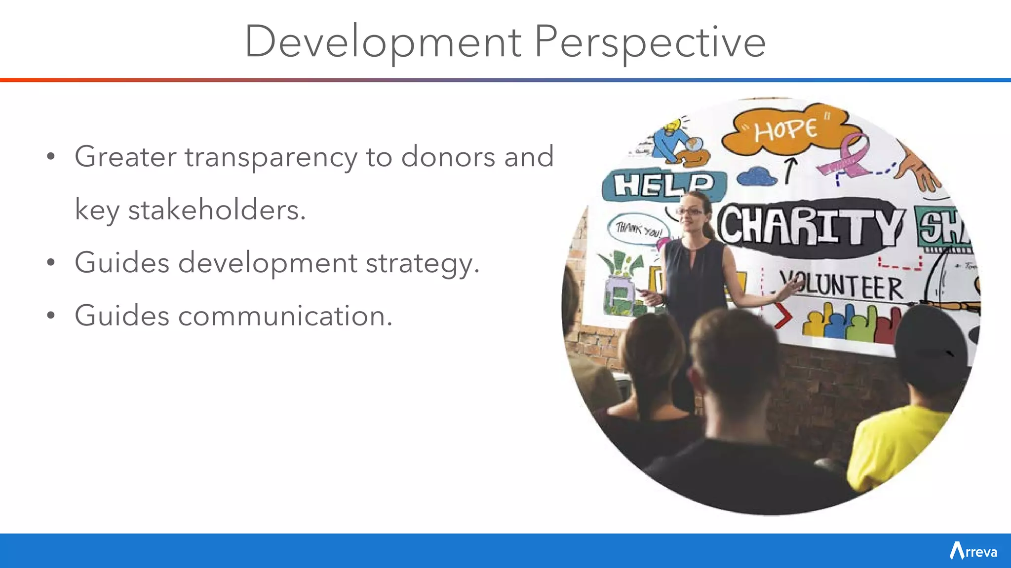 Development Perspective
• Greater transparency to donors and
key stakeholders.
• Guides development strategy.
• Guides communication.
 