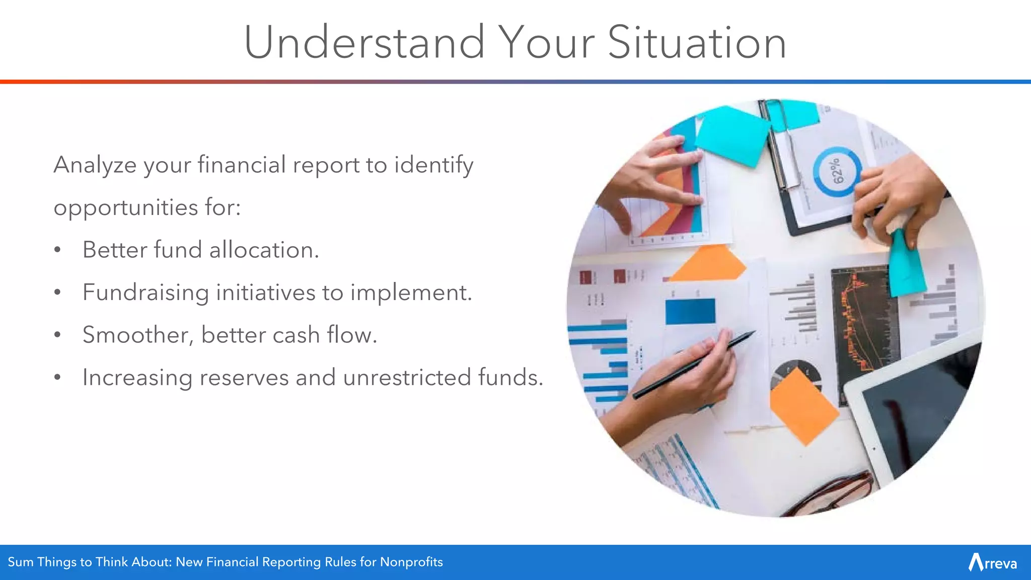 Understand Your Situation
Analyze your financial report to identify
opportunities for:
• Better fund allocation.
• Fundraising initiatives to implement.
• Smoother, better cash flow.
• Increasing reserves and unrestricted funds.
Sum Things to Think About: New Financial Reporting Rules for Nonprofits
 