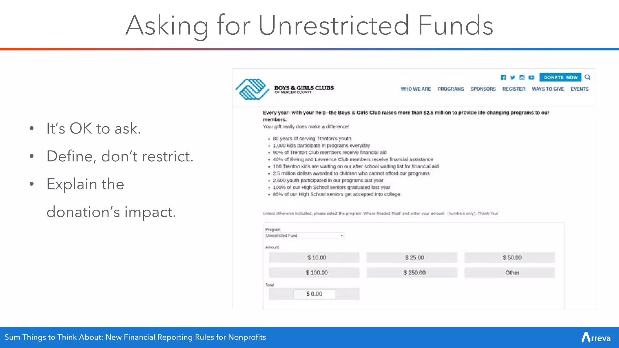 Asking for Unrestricted Funds
• It’s OK to ask.
• Define, don’t restrict.
• Explain the
donation’s impact.
Sum Things to Think About: New Financial Reporting Rules for Nonprofits
 