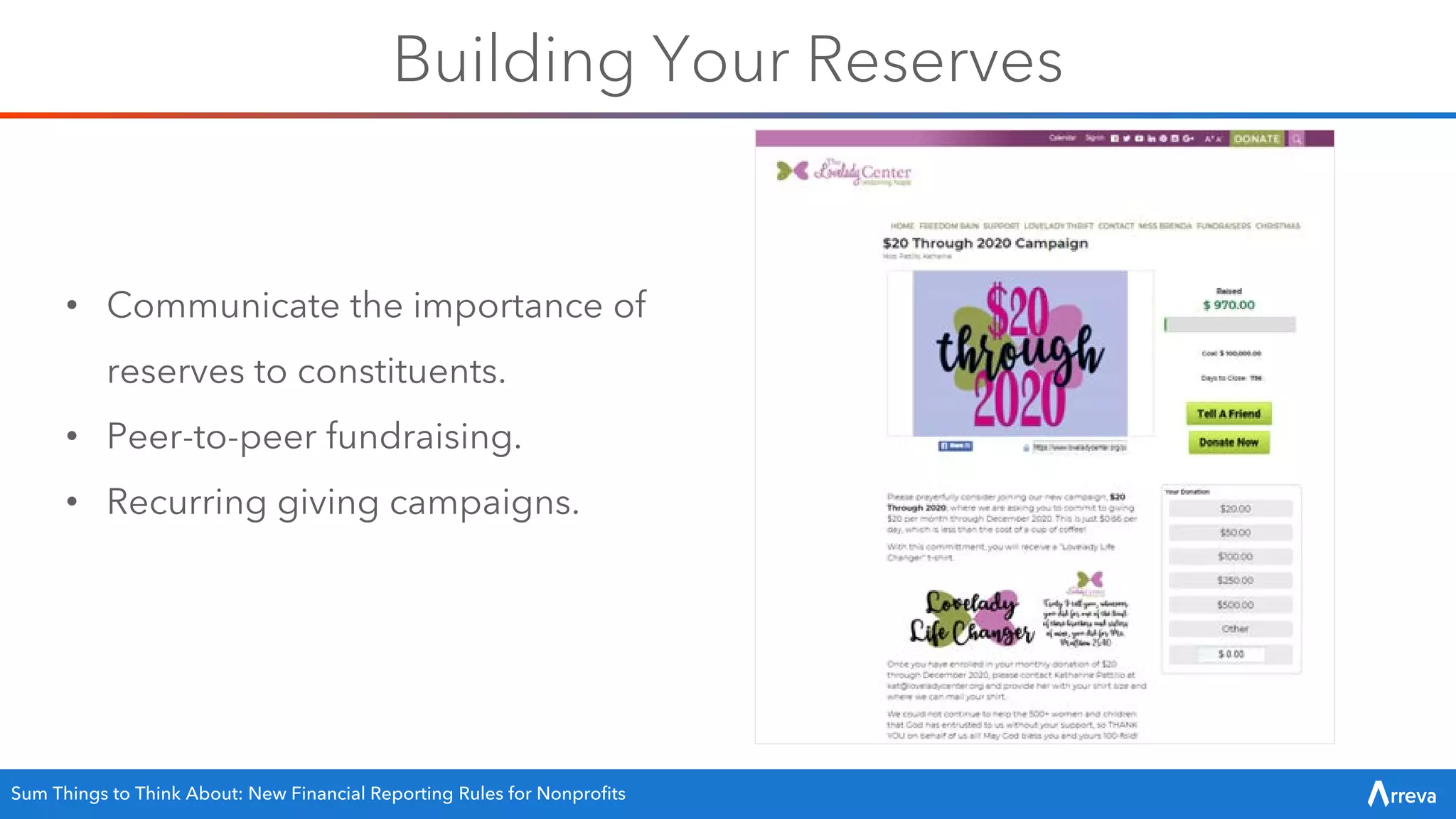 Building Your Reserves
• Communicate the importance of
reserves to constituents.
• Peer-to-peer fundraising.
• Recurring giving campaigns.
Sum Things to Think About: New Financial Reporting Rules for Nonprofits
 