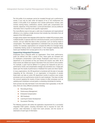 Integrated Human Capital Management Holds the Key




      The full profile of an employee cannot be revealed through just a performance
      review; it can only be seen when all aspects of his or her employment are
      viewed. A full profile of an employee must include performance reviews, peer
      reviews, training history, certifications, awards, career path, compensation and             STRATEGY
      rewards, objectives, hiring information, current job description, and any additional
      information that is important to the specific organization.
      The most effective way to truly gain a valid view of employees and organizational
      efficiency is by creating a single structure that includes key information from all
                                                                                                Have the right information
      aspects of the HCM spectrum.
                                                                                                    easily accessible
      A single vendor solution that integrates all the data from multiple HR processes yields       in order to make
      multiple benefits. It captures data from individual processes, such as performance           the right decisions
      reviews, and can relate that data to other processes, such as training needs or
      compensation. This enables organizations to understand how one process affects
      another. For example, organizations can compare the effect of a manager taking
      a leadership training course to improvements in that manager’s leadership skills
      based upon feedback from surveys given to his or her direct reports.

      Supporting Integrated Processes
      Employees have a lifecycle within an organization. Once hired, performance
      goals are defined and after a period of time, these goals are reviewed and
      an employee’s compensation could change. Employees could move to a new
      department or be promoted as they are trained and acquire new skills. All of                 STRATEGY
      these events are related and require information from one event to drive another.
      For example, a goal must be defined if it is going to be measured as part of a
      performance review, and compensation changes and promotions are, in large part,
      based upon the results of performance or feedback from peers and direct reports.
      In many organizations, the HR department is burdened with the task of manually            Automate the integration
      integrating all this information. In an organization of thousands of people,              of critical employee data
      these tasks can take an entire HR department months to perform even simple
      processes such as a performance review for each employee. That does not take
      into account applying the results of those reviews to other processes such as
      updating each employee’s annual goals or scheduling individuals for training.
      Each process has data that feeds it and information that it generates. In the HR
      area, there are many different processes including.

             ■    Recruiting & Hiring
             ■    Performance Management
             ■    Enterprise Compensation
             ■    360 Feedback
             ■    Learning & Career Development
             ■    Succession Planning

      The following sections will outline the application requirements for a successful
      integrated HCM system, including information that is required for each HR
      process, what information is output from each process, and the source or
      destination of each type of information.




www.sumtotalsystems.com                                                                                                      3
 