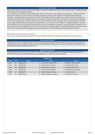 Ocorrências / Observações
Após o final da partida, os senhores itamar schulle, técnico da equipe do botafogo pb, invadiu o campo de jogo, vindo em direção da equipe
de arbitragem com as seguintes pronuncias:
"o que o senhor viu ali, ta maluco caralho, perigo de gol, você vai ver lá, não teve nada caralho,eu so queria saber ". mesmo contido pelo
policiamento insistiu em empurrar o escudo dos policiais, forçando de qualquer maneira intimidar e constranger todos da equipe de
arbitragem. concomitantemente houve também a invasão do massagista da equipe do botafogo pb, o senhor ermírio de sousa lima fil, e o
senhor silvano de morais silva, preparador de goleiro que também se utilizaram de palavrões e ameaças a todos da equipe de arbitragem,
dizendo que eu ainda iria para "lá". neste mesmo momento outros membros da equipe do botafogo pb com camisas do clube, invadiram o
campo de jogo, também pronunciando palavrões e ameaças do tipo" vai tomar no cú, você é ladrão, vou te pegar na saída etc. não sendo
possível identificar cada um dos elementos causadores do tumulto ao final da partida. acrescento o excelente trabalho do policiamento que
coibiu qualquer tentativa de agressão que ficou claro na forma com que os citados se dirigiram a equipe de arbitragem. já na saída um outro
elemento com uma camisa preta do botafogo pb se dirigiu a arbitragem a uma certa distancia proferindo palavrões e ameaças.
Motivo de atraso no início e/ou reinício, e de acréscimos:
NÃO HOUVE ATRASO. ACRÉSCIMOS MOTIVADOS POR SUBSTITUIÇÕES E RETIRADA DE JOGADORES LESIONADOS DO CAMPO DO JOGO.
Observações Eventuais
INFORMO A EXCELENTE CONDUTA DOS ATLETAS, EXCETO AQUELES ADVERTIDOS EM UMA PARTIDA LEAL EM SUA DISPUTA.
GRAMADO REGULAR, ILUMINAÇÃO APENAS REGULAR E BOAS INSTALAÇÕES. BOA CONDUTA DO PUBLICO E PRESENÇA DE
AMBULÂNCIA COMO DETERMINA O ESTATUTO.
Relatório do Assistente
HOUVE INVASÃO AO CAMPO DE JOGO, APÓS O FINAL DA PARTIDA POR MEMBROS DA COMISSÃO TÉCNICA DA EQUIPE DO
BOTAFOGO PB, ENTRE OUTROS DIRIGENTES UNIFORMIZADOS. POREM NÃO IDENTIFICADOS.
Substituições
Tempo 1T/2T Equipe Entrou Saiu
45:00 INT Salgueiro/PE 14 - Luis Eduardo Gomes Pinto 3 - Ranieri da Silva Rodrigue ...
45:00 INT Botafogo/PB 14 - Magno Alves dos Santos 6 - Gedeil da Silva Daudt
45:00 INT Botafogo/PB 16 - Warley Silva dos Santos 9 - Tarcisio Lopes da Silva
18:00 2T Salgueiro/PE 13 - Lucas de Sousa Barbosa 6 - Daniel Rodrigues Nazare
36:00 2T Botafogo/PB 20 - Pedro Henrique de Castro ... 7 - Joao Paulo Sena
39:00 2T Salgueiro/PE 18 - Rafael Henrique Costa Mac ... 9 - Romulo Andre Lopes
Confederação Brasileira de Futebol Publicação da Súmula: 25/05/2016 Emissão desta via: 25/05/2016 23:44 Página 3/3
 