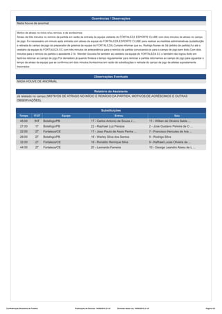 Ocorrências / Observações
Nada houve de anormal
Motivo de atraso no início e/ou reinício, e de acréscimos:
Atraso de três minutos no reinício da partida em razão da entrada da equipe visitante do FORTALEZA ESPORTE CLUBE com dois minutos de atraso no campo
de jogo. Foi necessário um minuto após entrada com atraso da equipe do FORTALEZA ESPORTE CLUBE para realizar as medidas administrativas (substituição
e retirada do campo de jogo do preparador de goleiros da equipe do FORTALEZA).Cumpre informar que eu, Rodrigo Nunes de Sá (árbitro da partida) fui até o
vestiário da equipe do FORTALEZA EC com três minutos de antecedência para o reinício da partida convocando-os para o campo de jogo sem êxito.Com dois
minutos para o reinício da partida o assistente 2 Sr. Wendel Gouveia foi também ao vestiário da equipe do FORTALEZA EC e também não logrou êxito em
fazê-los retornar ao campo de jogo.Por derradeiro já quando findava o tempo regulamentar para reiniciar a partida retornamos ao campo de jogo para aguardar o
tempo de atraso da equipe que se confirmou em dois minutos.Acréscimos em razão de substituições e retirada do campo de jogo de atletas supostamente
lesionados
Observações Eventuais
NADA HOUVE DE ANORMAL
Relatório do Assistente
Já relatado no campo (MOTIVOS DE ATRASO NO INÍCIO E REINÍCIO DA PARTIDA, MOTIVOS DE ACRÉSCIMOS E OUTRAS
OBSERVAÇÕES).
Substituições
Tempo 1T/2T Equipe Entrou Saiu
45:00 INT Botafogo/PB 17 - Carlos Antonio de Souza J ... 11 - Willian de Oliveira Salda ...
27:00 1T Botafogo/PB 22 - Raphael Luz Pessoa 2 - Jose Gustavo Pereira de O ...
22:00 2T Fortaleza/CE 17 - Joao Paulo de Assis Penha ... 7 - Francisco Hercules de Ara ...
29:00 2T Botafogo/PB 18 - Warley Silva dos Santos 9 - Rodrigo Silva
32:00 2T Fortaleza/CE 18 - Ronaldo Henrique Silva 9 - Rafhael Lucas Oliveira da ...
44:00 2T Fortaleza/CE 20 - Leonardo Ferreira 10 - George Leandro Abreu de L ...
Confederação Brasileira de Futebol Publicação da Súmula: 18/09/2016 21:47 Emissão desta via: 18/09/2016 21:47 Página 3/3
 