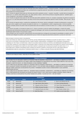 Ocorrências / Observações
Aos 48 minutos do segundo tempo após ser informado pelo arbitro assistente numero 1, expulsei da partida o treinador da equipe do santa
cruz f.c. sr. marcelo martelotte que disse a ele acintosamente as seguintes palavras" esse arbitro veio aqui pra roubar a gente de novo, já
tinha roubado lá em londrina também''.
aos 51 minutos do segundo tempo após ser informado pelo arbitro assistente numero 1, expulsei da partida o auxiliar técnico da equipe do
santa cruz f.c. sr. antonio carlos ribeiro junior, que bateu palmas e disse a ele de forma acintosa as seguintes palavras " parabéns agora
voces conseguiram o que queriam, arbitragem safada"
aos 51 minutos do segundo tempo após ter sido informado pelo arbitro assistente numero um, expulsei o preparador de goleiros da equipe do
santa cruz f.c.sr. joao paulo gomes lacerda, que disse a ele de forma acintosa as seguintes palavras" bando de ladrão , filhos da puta , vão se
foder".
aos 52 minutos do segundo tempo, a partida ficou paralisada por 06 minutos, devido a solicitação e entrada do policiamento no campo de
jogo para conter o jogador que foi expulso da equipe do santa cruz .f.c. e reestabelecer a ordem e segurança para o reinicio da partida,
durante a proteção policial uma pedra vinda da arquibancada onde se localizava a torcida do santa cruz f.c. atingiu o escudo policial que nos
protegia.
após o termino da partida, um torcedor do santa cruz f.c. chutou e arrombou a porta do vestiario de arbitragem. o mesmo foi contido
prontamente pelo policiamento presente dentro do vestiario de arbitragem, até o termino do preenchimento dessa sumula, não foi informado a
identificação deste torcedor e do que lançou a pedra.
informo também que nao foi possível o preenchimento da sumula eletronica e entrega da comunicação de penalidades no estadio, pois fui
orientado pelo delegado da partida e pelo policiamento que por motivos de segurança deveríamos preencher a sumula em outro local.
Motivo de atraso no início e/ou reinício, e de acréscimos:
HOUVE UM ATRASO DE 3 MINUTOS NO INICIO DA PARTIDA, DEVIDO APRESENTAÇÃO ATRASADA DA EQUIPE DO SANTA CRUZ F.C. PARA O
PROTOCOLO DE ENTRADA. ACRÉSCIMOS DEVIDO A SUBSTITUIÇÕES, PARALISAÇÕES, ATENDIMENTO AOS JOGADORES LESIONADOS E
COBRANÇA DO TIRO PENAL.FOI RESPEITADO 1 MINUTO DE SILENCIO ANTES DO INICIO DA PARTIDA, EM HOMENAGEM POSTUMA AO SR. LUIZ
CAVALCANTE, RADIALISTA. AOS 52 MINUTOS DO SEGUNDO TEMPO, A PARTIDA FICOU PARALISADA POR 06 MINUTOS, DEVIDO A SOLICITAÇÃO E
ENTRADA DO POLICIAMENTO NO CAMPO DE JOGO PARA CONTER O JOGADOR QUE FOI EXPULSO DA EQUIPE DO SANTA CRUZ .F.C. E
REESTABELECER A ORDEM E SEGURANÇA PARA O REINICIO DA PARTIDA, DURANTE A PROTEÇÃO POLICIAL UMA PEDRA VINDA DA
ARQUIBANCADA ONDE SE LOCALIZAVA A TORCIDA DO SANTA CRUZ F.C. ATINGIU O ESCUDO POLICIAL QUE NOS PROTEGIA.
Observações Eventuais
CONDUTA DO PUBLICO RUIM , VIDE RELATO NO CAMPO ACIMA.
Relatório do Assistente
AOS 48 MINUTOS DO SEGUNDO TEMPO EU ROGERIO PABLOS ZANARDO, ASSISTENTE 1, INFORMEI AO ARBITRO DA PARTIDA
QUE O SR. MARCELO MARTELOTTE DISSE A MIM ACINTOSAMENTE AS SEGUINTES PALAVRAS" ESSE ARBITRO VEIO AQUI PRA
ROUBAR A GENTE DE NOVO, JÁ TINHA ROUBADO LÁ EM LONDRINA TAMBEM.
AOS 51 MINUTOS DO SEGUNDO TEMPO EU, ROGERIO PABLOS ZANARDO ASSISTENTE 1, INFORMEI AO ARBITRO DA PARTIDA
QUE O AUXILIAR TECNICO DA EQUIPE DO SANTA CRUZ F.C. SR. ANTONIO CARLOS RIBEIRO JUNIOR BATEU PALMAS E DISSE A
MIM DE FORMA ACINTOSA AS SEGUINTES PALAVRAS " PARABENS AGORA VOCES CONSEGUIRAM O QUE QUERIAM,
ARBITRAGEM SAFADA"
AOS 51 MINUTOS DO SEGUNDO TEMPO EU , ROGERIO PABLOS ZANARDO, ASSISTENTE 1, INFORMEI AO ARBITRO DA PARTIDA
QUE O PREPARADOR DE GOLEIROS DA EQUIPE DO SANTA CRUZ F.C.SR. JOAO PAULO GOMES LACERDA, DISSE A MIM DE
FORMA ACINTOSA AS SEGUINTES PALAVRAS" BANDO DE LADRÃO , FILHOS DA PUTA , VÃO SE FODER".
Substituições
Tempo 1T/2T Equipe Entrou Saiu
35:00 1T Náutico/PE 20 - Joazi Oliveira da Silva 2 - David Junio Manoel dos Sa ...
17:00 2T Náutico/PE 18 - Iago Antonio Silva Santos ... 10 - Bruno da Mota Miranda
20:00 2T Santa Cruz/PE 91 - Augusto da Silva Oliveira ... 36 - Bruno Paulo Machado Barbo ...
21:00 2T Náutico/PE 14 - Willian Schuster Dornelle ... 11 - Diego Miranda
22:00 2T Santa Cruz/PE 13 - Jeremias Everton de Almei ... 7 - Joao Ananias Jordao Junio ...
27:00 2T Santa Cruz/PE 9 - Halef Silva Melo 97 - Andre Luis da Costa Alfre ...
Confederação Brasileira de Futebol Publicação da Súmula: 04/11/2017 Emissão desta via: 05/11/2017 00:23 Página 3/3
 