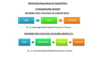 Marketing Department in Sumul Dairy
Communication channel
DISTRIBUTION CHANNEL OF LIQUID MILK
DAIRY AGENT CUSTOMER
So, its called one level (1 level) Distribution Channel
DISTRIBUTION CHANNEL OF DAIRY PRODUCTS
DAIRY DISTRIBUTOR RETAILER CUSTOMER
So, its called two level (2 level) Distribution Channel
 