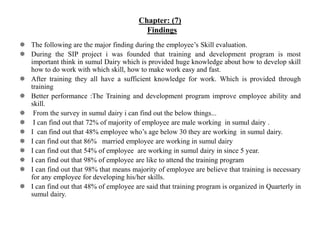 Chapter: (7)
Findings
 The following are the major finding during the employee’s Skill evaluation.
 During the SIP project i was founded that training and development program is most
important think in sumul Dairy which is provided huge knowledge about how to develop skill
how to do work with which skill, how to make work easy and fast.
 After training they all have a sufficient knowledge for work. Which is provided through
training
 Better performance :The Training and development program improve employee ability and
skill.
 From the survey in sumul dairy i can find out the below things...
 I can find out that 72% of majority of employee are male working in sumul dairy .
 I can find out that 48% employee who’s age below 30 they are working in sumul dairy.
 I can find out that 86% married employee are working in sumul dairy
 I can find out that 54% of employee are working in sumul dairy in since 5 year.
 I can find out that 98% of employee are like to attend the training program
 I can find out that 98% that means majority of employee are believe that training is necessary
for any employee for developing his/her skills.
 I can find out that 48% of employee are said that training program is organized in Quarterly in
sumul dairy.
 