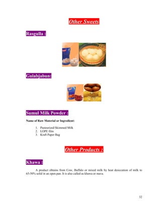 Other Sweets
Rasgulla :
Gulabjabun:
Sumul Milk Powder :
Name of Raw Material or Ingredient:
1. Pasteurized Skimmed Milk
2....