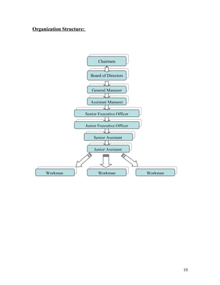 Organization Structure:




                                 Chairmen


                             Board of Directors


                             General Manager

                             Assistant Manager

                          Senior Executive Officer

                          Junior Executive Officer

                              Senior Assistant

                              Junior Assistant




     Workman                     Workman             Workman




                                                               10
 